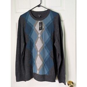 NWT Attention L/S Sweater Mens XL Gray Blue Argyle Crew Neck Classic Stretch